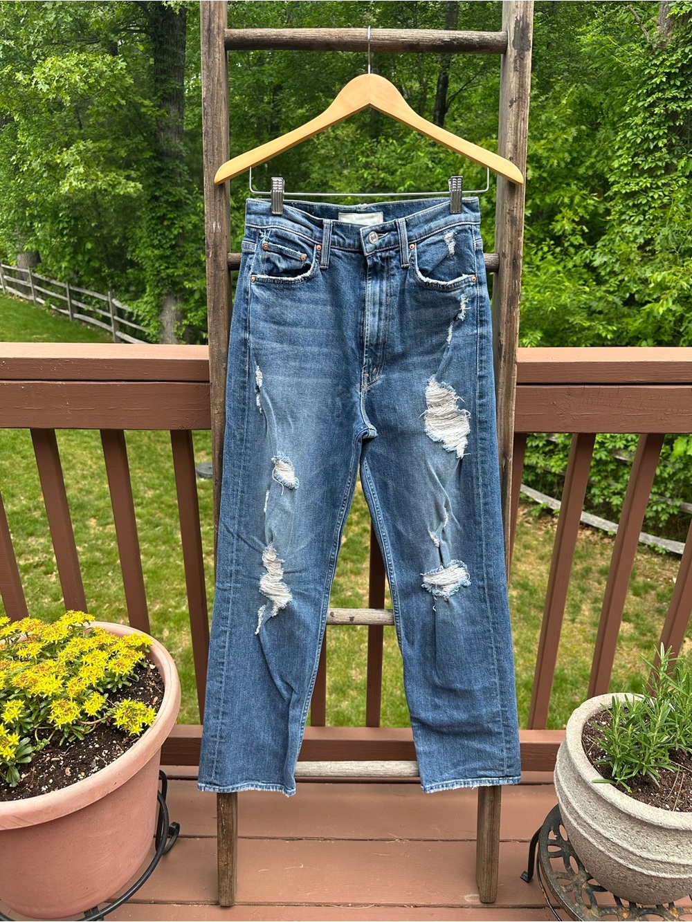 MOTHER Superior Distressed Blue Straight-Leg Jeans - High Waisted Study Hover